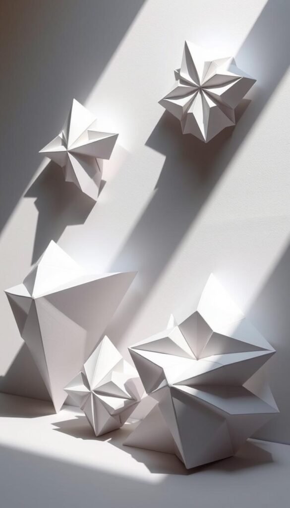 3D geometric paper sculptures showcasing intricate origami-inspired designs, arranged in a visually striking composition. The sculptures feature sharp angles, clean lines, and precise folds, casting dramatic shadows and highlights under soft, natural lighting. The pieces are positioned against a plain, minimalist background, allowing the bold, angular forms to take center stage. The overall scene has a sense of balance and elegance, highlighting the delicate, yet structural nature of the paper artworks. The camera angle is slightly elevated, providing an engaging perspective that emphasizes the three-dimensional qualities of the sculptures.