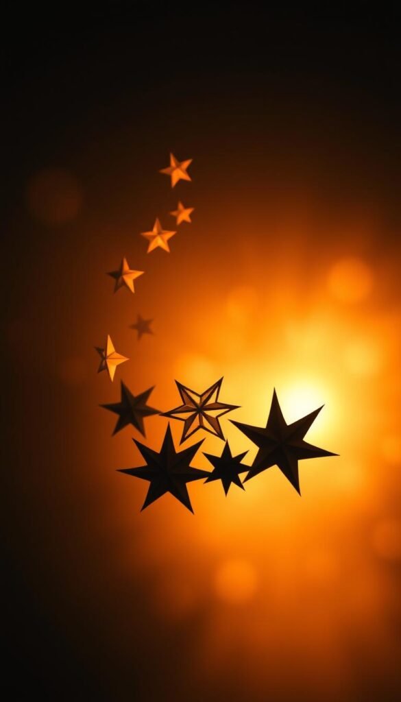 3D paper star constellation with warm lighting, dramatic shadows, and a minimalist, ethereal atmosphere. In the foreground, a delicate cluster of intricate paper stars, their sharp edges and precise folds casting intricate patterns of light and shadow. The stars are arranged in a striking, three-dimensional configuration, creating a sense of depth and movement. In the middle ground, a soft, hazy glow illuminates the scene, casting a warm, inviting ambiance. The background fades into a subtle, atmospheric void, allowing the paper stars to take center stage. The overall composition conveys a sense of wonder and enchantment, perfect for showcasing a captivating 3D paper wall hanging.