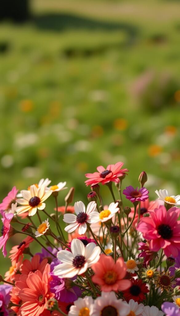 A beautiful bouquet of delicate, vibrant flowers in the foreground, meticulously detailed and rendered with a soft, natural lighting. The flowers are set against a serene, blurred natural backdrop, such as a lush garden or field, creating a sense of tranquility and peacefulness. The color palette is rich and varied, showcasing the stunning hues and textures of the flowers. The composition is well-balanced, with the flowers taking center stage, inviting the viewer to immerse themselves in the scene. The overall mood is one of tranquility, wonder, and a celebration of the beauty of nature.
