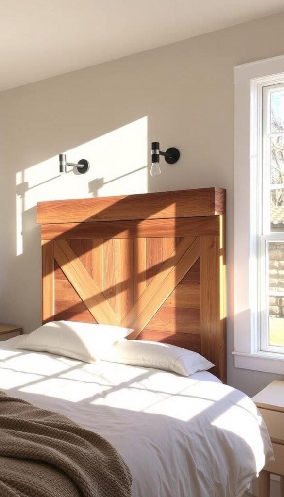 A beautifully crafted DIY headboard, made from a mix of rustic wood and minimalist metal accents, takes center stage in a cozy, sun-dappled bedroom. The headboard's clean, geometric design casts intriguing shadows on the neutral-toned walls, creating a sense of depth and visual interest. Soft, diffused lighting from a pair of sconces mounted above the headboard casts a warm, inviting glow, while a large window in the background allows natural light to stream in, illuminating the space. The headboard's thoughtful design and integration with the overall bedroom decor showcase the potential for a personalized, DIY approach to furnishing a space.
