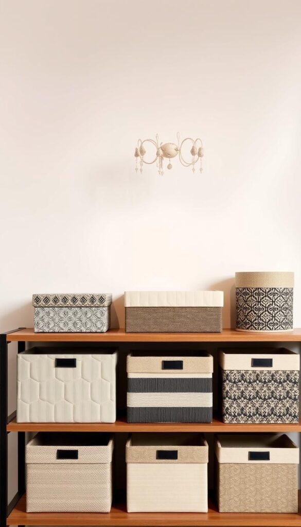 A beautifully crafted set of decorative storage boxes, arranged neatly on a wooden shelving unit. The boxes feature intricate patterns and textures, ranging from smooth matte finishes to rustic woven designs. Soft, warm lighting from above casts gentle shadows, highlighting the depth and dimensionality of the pieces. The overall composition conveys a sense of organization and elegant simplicity, perfectly suited for a chic, minimalist interior. The boxes are positioned at various heights, creating visual interest and a harmonious balance. The background is a clean, neutral wall, allowing the storage boxes to take center stage as the focal point of the scene.