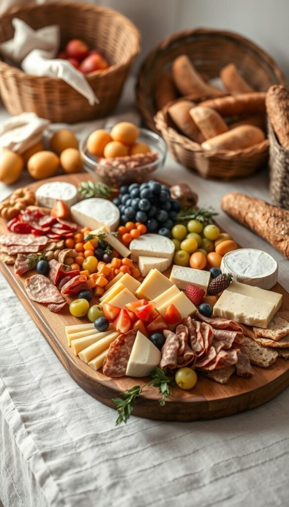 A beautifully curated DIY grazing table, featuring an array of artisanal cheeses, fresh fruits, cured meats, and rustic breads arranged on a wooden serving board. The arrangement is thoughtfully designed, with each element carefully placed to create a visually striking and harmonious composition. Soft, warm lighting casts a cozy glow, while the table is set against a backdrop of natural textures, such as linen and woven baskets, to enhance the homemade, organic feel. The overall scene exudes a sense of effortless elegance and invites the viewer to indulge in the delightful spread.