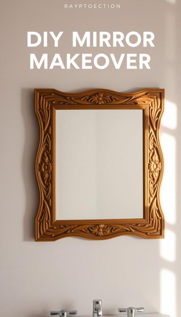 A beautifully lit, high-quality photograph of a DIY mirror makeover with a decorative wooden frame. The mirror is set against a neutral, minimalist wall, allowing the frame to be the focal point. The frame has an intricate, rustic design with carved patterns and a warm, natural wood tone. Soft, diffused lighting from the side casts gentle shadows, highlighting the textural details of the frame. The mirror's reflection creates a sense of depth and amplifies the elegant, handcrafted aesthetic. The overall composition is balanced, with the mirror positioned at an angle to add visual interest. The mood is serene, cozy, and inviting, perfectly suited for a relaxing bedroom or bathroom space.