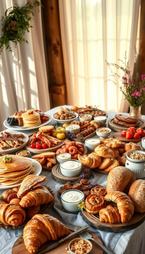 A bountiful breakfast grazing table set against a rustic, sun-dappled backdrop. Artfully arranged platters showcase an array of tempting delights - fluffy buttermilk pancakes, crisp bacon, sizzling sausage links, fresh fruit, assorted pastries, and creamy yogurt with crunchy granola. Woven baskets overflow with warm, flaky croissants and crusty artisanal breads. Delicate sprigs of greenery and vibrant wildflowers add pops of color, while a scattering of wooden boards, vintage-inspired serveware, and antique tarnished flatware evoke a cozy, homespun ambiance. Soft, diffused natural light filters through sheer curtains, casting a warm, inviting glow over the bountiful spread.