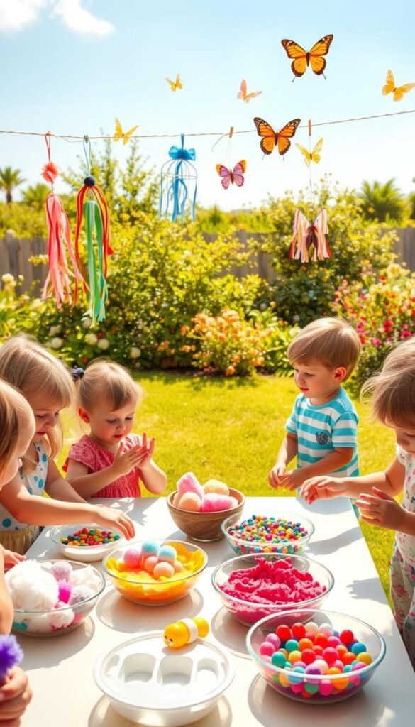 A bright, airy outdoor scene of a backyard with children engaged in a variety of summer sensory crafts. In the foreground, a group of kids are gathered around a table, their hands immersed in bowls of colorful, textured materials - soft, fluffy pom-poms, gooey slime, and tactile beads. The middle ground features a clothesline strung with vibrant, handcrafted wind chimes and sun catchers, their reflections casting playful patterns on the grass. In the background, a lush garden provides a natural backdrop, with butterflies fluttering among the blooming flowers. The scene is bathed in warm, golden sunlight, conveying a joyful, carefree summer atmosphere.
