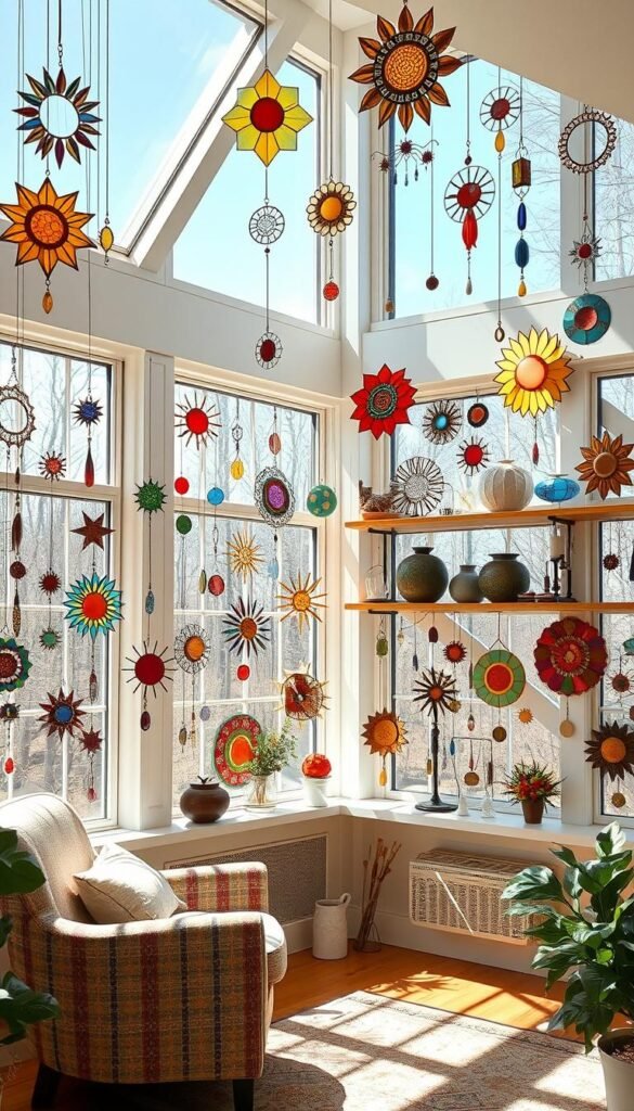 A bright, airy room with natural sunlight streaming through large windows, showcasing an assortment of handcrafted sun catchers in various shapes, colors, and materials. The sun catchers are artfully arranged on shelves, hanging from the ceiling, and placed strategically to capture the light, creating a mesmerizing play of shadows and reflections. The room is filled with a sense of warmth, creativity, and the joy of personal expression through DIY decor. A cozy armchair and a cup of tea invite the viewer to pause and appreciate the beauty and benefits of these unique, one-of-a-kind home accents.