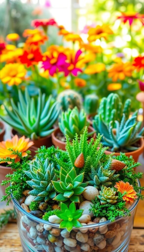 A bright, cheerful summer terrariums scene with lush greenery, vibrant flowers, and playful accents. In the foreground, a group of miniature succulents and ferns are arranged in a glass container, adorned with small decorative pebbles and shells. The middle ground features a cluster of potted cacti and air plants, their spiky textures contrasting with the soft foliage. In the background, a garden of colorful zinnias, marigolds, and cosmos sway gently in the warm, natural light. The overall composition has a whimsical, handcrafted feel, inviting the viewer to imagine creating their own unique DIY summer terrarium.