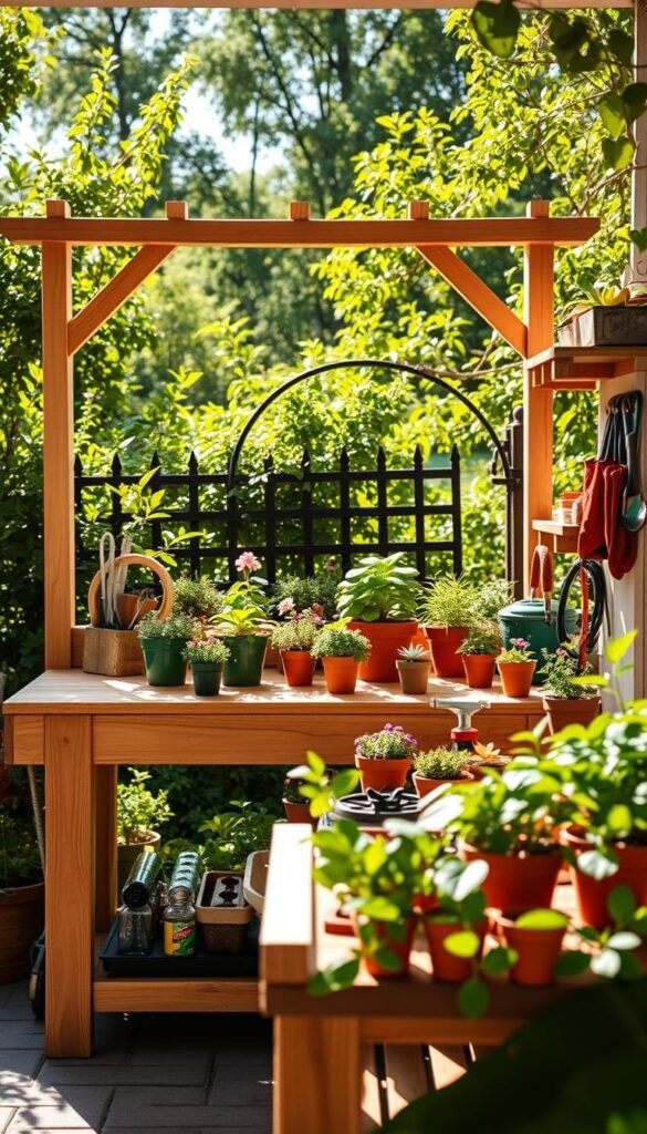 A bright, sun-dappled potting bench set against a lush, verdant backdrop. In the foreground, intricate woodworking details and well-organized tools evoke a sense of purposeful craftsmanship. The middle ground showcases an array of potted plants, their vibrant foliage and blooms hinting at the boundless creative possibilities. In the background, a tranquil garden scene unfolds, with a charming trellis or fence framing the composition. Warm, natural lighting casts gentle shadows, creating a welcoming and inspirational atmosphere for the perfect outdoor gardening workspace.