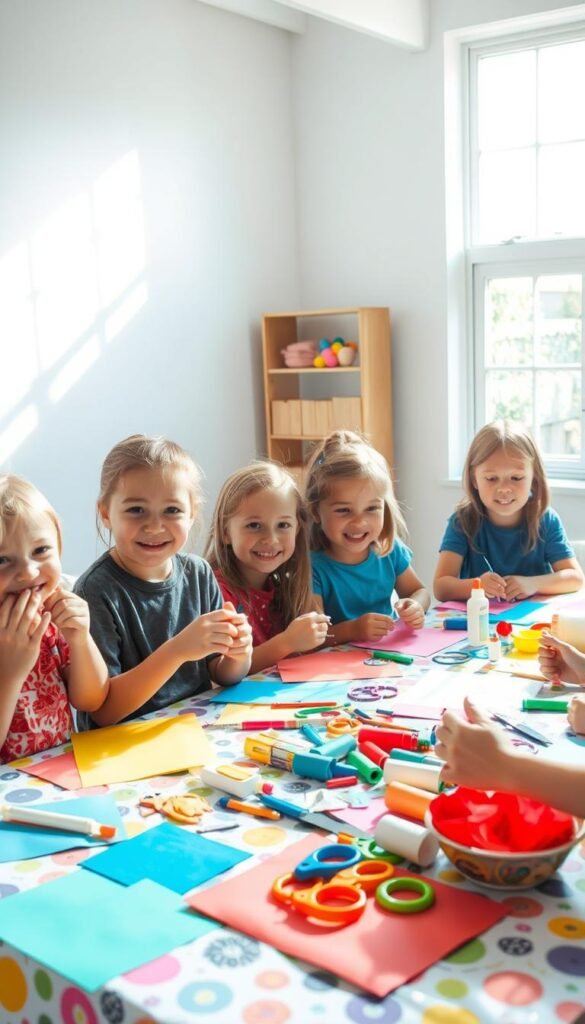 A brightly lit indoor scene with a table covered in a colorful tablecloth. On the table, there are various craft supplies including colored paper, scissors, glue sticks, and other materials for making sun catchers. A group of enthusiastic children, ages 6-10, are gathered around the table, engrossed in their creative projects. The children's faces are filled with concentration as they carefully cut, glue, and assemble their sun catchers. Sunlight streams in through a nearby window, casting a warm glow over the scene. The overall mood is one of joy, curiosity, and hands-on learning as the kids explore the fun of DIY sun catcher crafting.