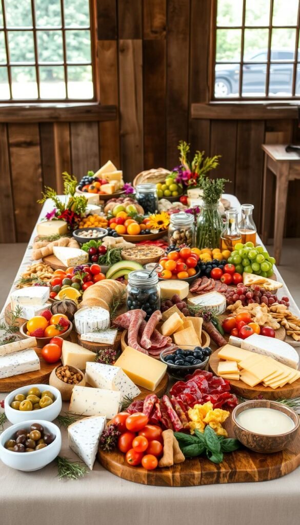 A carefully curated grazing table, set against a rustic wooden backdrop with natural lighting filtering through large windows. In the foreground, an assortment of artisanal cheeses, cured meats, freshly baked breads, and an array of vibrant fruits and vegetables arranged in a visually appealing manner. Decorative elements such as sprigs of herbs, edible flowers, and wooden serving boards add texture and warmth to the scene. The middle ground features a variety of glass jars and ceramic bowls filled with olives, nuts, and dips, complementing the overall aesthetic. In the background, a neutral-toned tablecloth and minimal décor allow the focus to remain on the carefully crafted grazing table. The overall atmosphere is one of sophistication, elegance, and an appreciation for the simple pleasures of artisanal food.