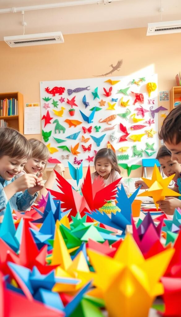 A cheerful and vibrant children's paper craft scene. In the foreground, a group of elementary school-aged kids enthusiastically create colorful paper sculptures, origami animals, and intricate paper-cut designs. Vibrant hues of red, blue, green, and yellow paper materials fill the frame. In the middle ground, a large wall display showcases the imaginative paper crafts, arranged in a visually striking and playful manner. The background features a warm, softly lit classroom setting with bookshelves, educational posters, and natural lighting filtering through large windows, creating a cozy and inspiring atmosphere for the young artists. The overall mood is one of creativity, joy, and hands-on learning.