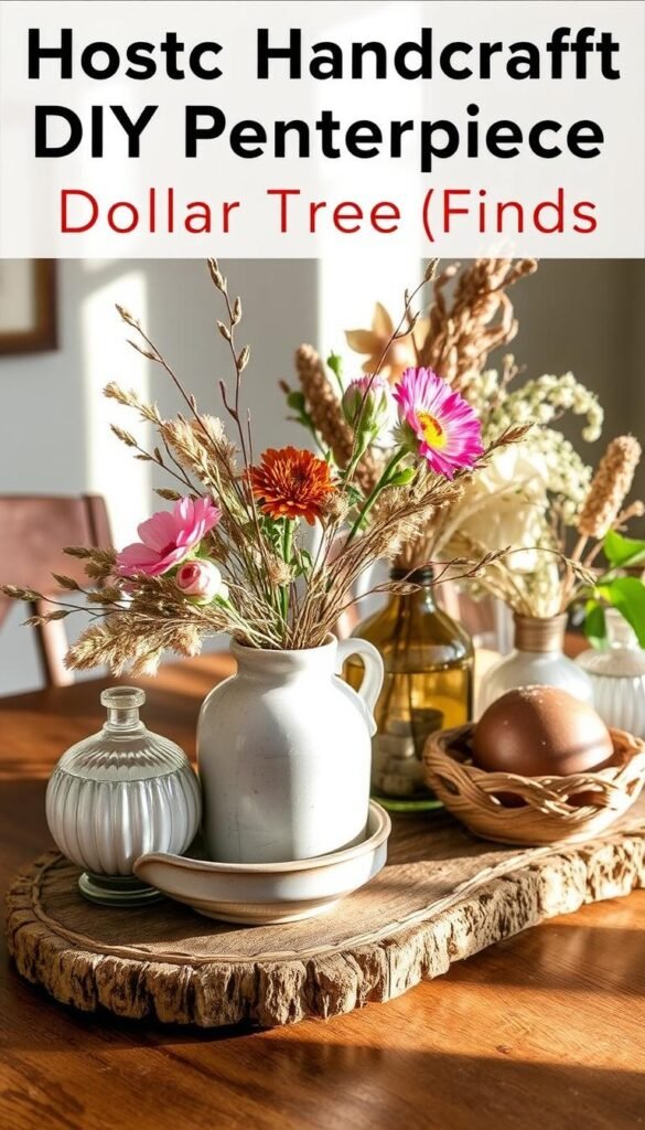 A close-up, high-resolution image of a rustic, handcrafted DIY centerpiece showcasing various Dollar Tree finds. The centerpiece is arranged on a wooden table with natural textures, featuring a mix of glass vases, ceramic dishes, and woven accents. Warm, directional lighting casts soft shadows, highlighting the textures and creating a cozy, inviting atmosphere. The arrangement includes a mix of fresh flowers, dried botanicals, and other decorative elements that could be found at a Dollar Tree store, conveying a sense of creativity and resourcefulness.