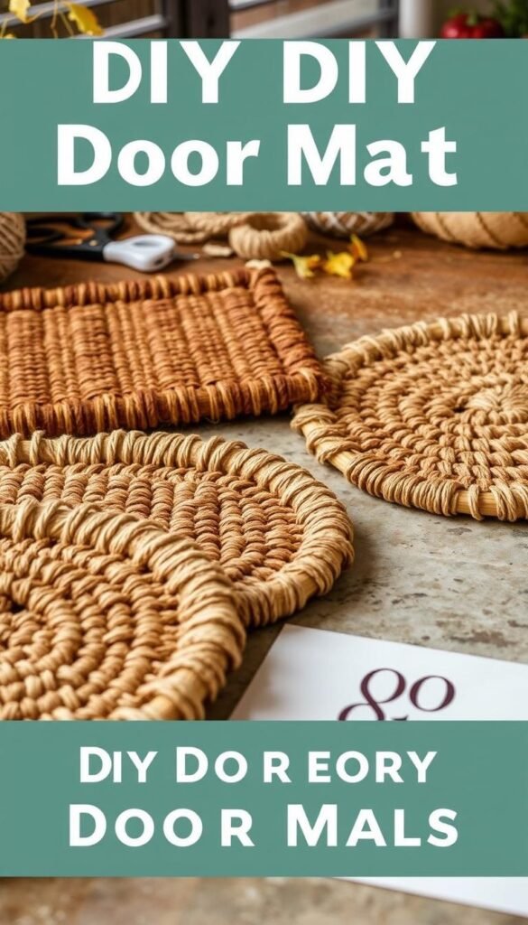 A close-up, high-resolution, well-lit, and detailed image of several elegant and minimalist DIY door mat designs in warm, earthy autumn colors. The foreground showcases hand-woven, patterned mats made from natural fibers like jute, sisal, or straw, arranged neatly on a wooden or stone surface. The middle ground features various DIY materials and tools, such as scissors, twine, and stencils, hinting at the easy, customizable nature of these projects. The background has a cozy, rustic atmosphere, with hints of falling leaves or seasonal decor, creating a charming and inviting scene perfect for an autumn-themed home.