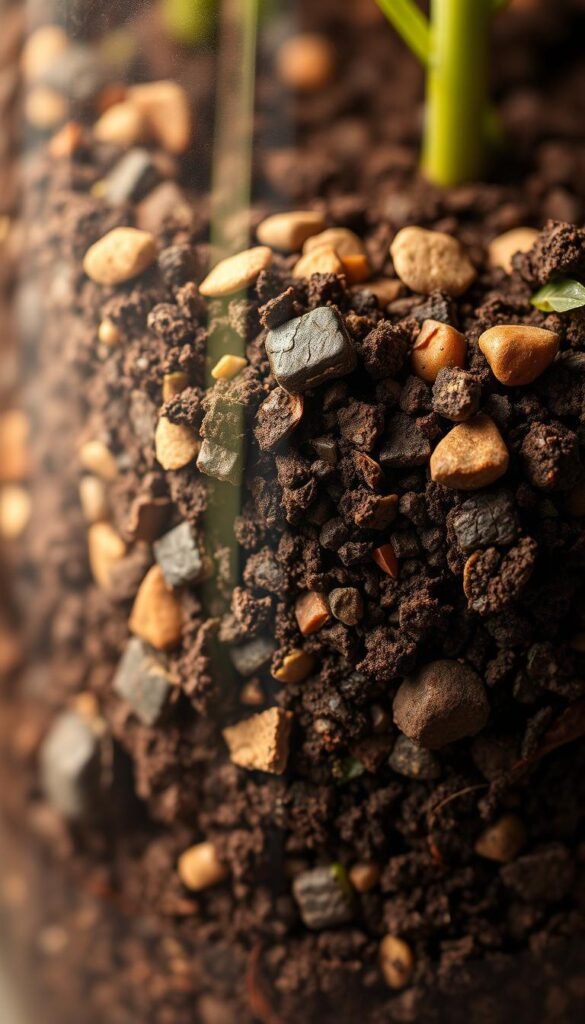 A close-up, macro view of a rich, nutrient-dense soil mix in an earthy, natural-looking glass container. The soil has a deep, dark brown color with hints of red and orange, indicating a balance of organic matter and minerals. Visible throughout the mix are small pebbles, decomposed leaves, and other organic matter, creating a layered, textured appearance. The lighting is soft and diffused, highlighting the subtle variations in the soil's hue and providing a warm, inviting atmosphere. The image is shot at a slight angle, creating depth and emphasizing the three-dimensional nature of the soil components. The overall composition is balanced and visually appealing, showcasing the essential elements needed to create the perfect growing medium for a thriving vegetable garden.