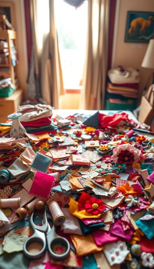 A cluttered table overflowing with vibrant scraps of fabric in an array of textures and patterns, arranged in a visually compelling still life composition. The foreground showcases a variety of sewing notions, scissors, and thread spools, hinting at the creative potential of these humble materials. In the middle ground, partially completed projects come to life, such as colorful patchwork squares, delicate appliqués, and whimsical fabric flowers. The background features a cozy, warm-toned interior, with natural light streaming in through a window, casting a soft, diffused glow over the entire scene. The overall mood is one of creative inspiration and the joy of repurposing, inviting the viewer to imagine the myriad of small-scale sewing projects that can be crafted from these scraps.