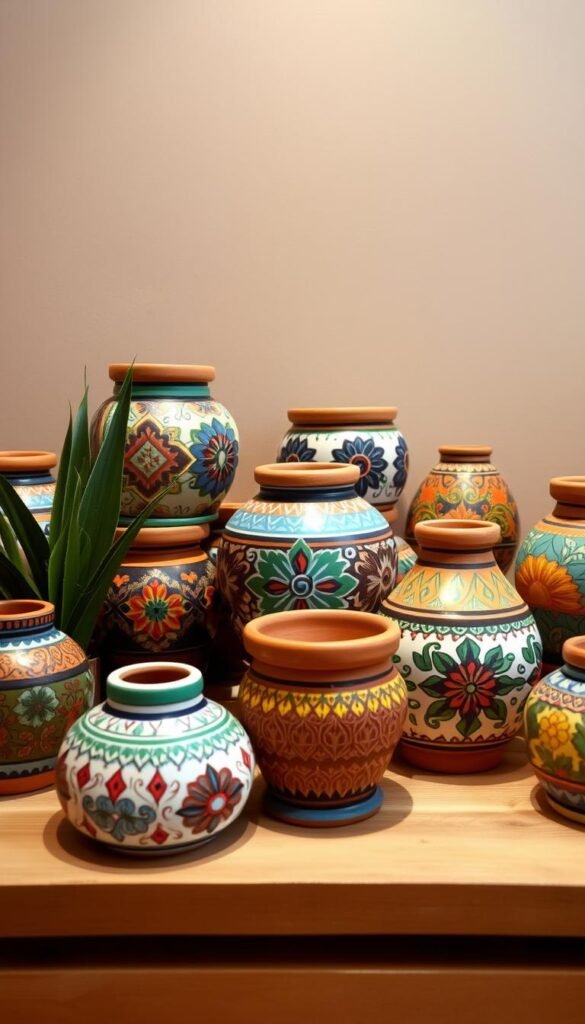 A collection of beautifully painted terra cotta pots of various sizes and shapes, arranged in a visually appealing display. The pots feature intricate, colorful patterns and designs, ranging from bold geometric motifs to delicate floral patterns, each piece a unique work of art. The pots are positioned on a natural-toned wooden surface, with soft, warm lighting gently illuminating the scene, creating a cozy and inviting atmosphere. The background is a muted, neutral tone, allowing the vibrant colors of the pots to take center stage. The overall composition is balanced and aesthetically pleasing, showcasing the craftsmanship and artistry of the painted terra cotta pieces.