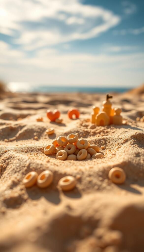 A colorful and playful arrangement of Cheerios cereal pieces artfully crafted into a delightful sandbox scene. In the foreground, a group of Cheerios are playfully nestled in soft, golden sand, creating a whimsical texture. The middle ground features miniature Cheerio sculptures, such as a sandcastle and various shapes, casting gentle shadows that suggest warm, afternoon sunlight. In the background, a subtly blurred, tranquil beach landscape sets the scene, with a serene blue sky and wispy clouds overhead. The overall composition conveys a sense of childlike wonder and summertime joy, perfect for a family-friendly DIY craft project.