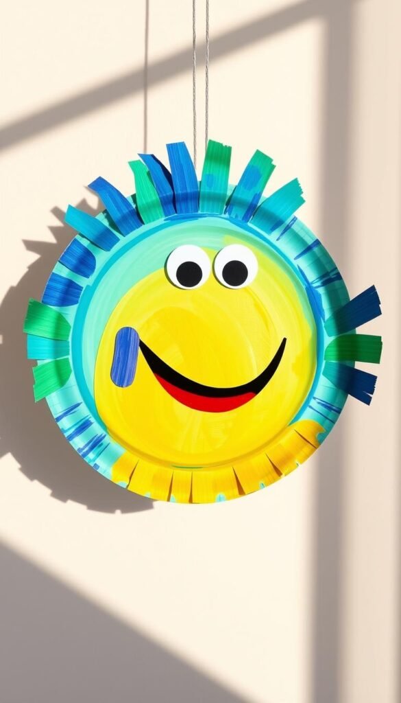A colorful paper plate adorned with whimsical puffer fish features. The puffer's rounded body is crafted from the plate's surface, its spines made of curled paper strips. Vibrant acrylic paints in shades of blue, green, and yellow bring the creature to life, with playful eyes and a gaping mouth. The plate is suspended against a soft, pastel backdrop, creating an engaging, imaginative scene perfect for a child's summer craft project. Natural lighting from the side casts dimensional shadows, enhancing the textural details. The composition is framed at a slight angle, inviting the viewer to engage with this charming, handmade oceanic creation.