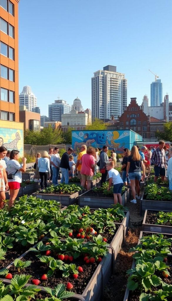 A community garden in a vibrant city setting. In the foreground, people of all ages gather around raised garden beds, planting and tending to healthy strawberry plants. Mid-ground, a colorful mural adorns the wall of a nearby building, adding to the lively atmosphere. In the background, a mix of modern and historic architecture creates a diverse, urban landscape. Warm, natural lighting filters through the scene, highlighting the collaborative spirit and shared joy of cultivating fresh, delicious produce together.