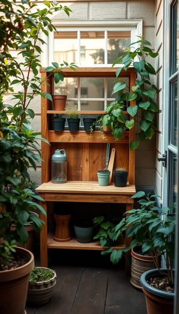 A compact and functional potting bench nestled in a cozy outdoor space, with a rustic wooden frame and shelves for storing gardening tools and supplies. The bench is positioned near a window or door, maximizing natural light and easy access. Lush greenery and potted plants surround the area, creating a serene and inviting atmosphere. The scene is illuminated by soft, diffused lighting, casting warm shadows and highlighting the texture of the wood. The camera angle captures the bench from a slightly elevated perspective, emphasizing its space-saving design and integration within the overall outdoor setting.