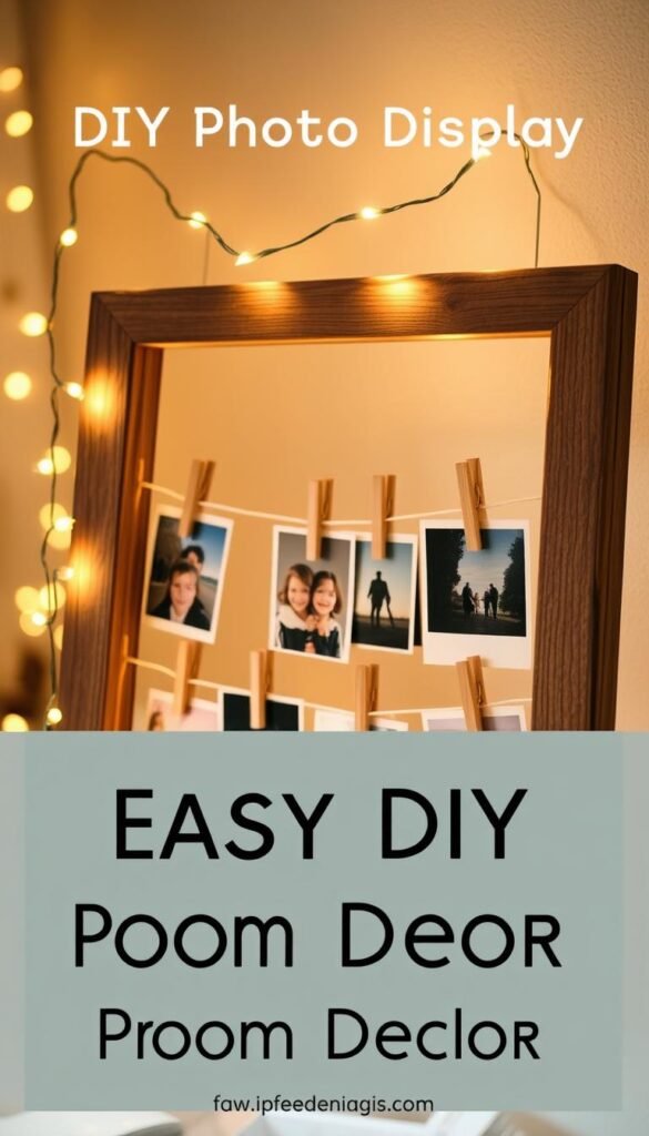 A cozy DIY photo display featuring a rustic wooden frame adorned with a delicate arrangement of string lights. The frame is positioned in the foreground, casting a warm, inviting glow across the scene. The middle ground showcases various photo prints, artfully clipped to the frame with miniature clothespins. In the background, a soft, blurred bokeh effect creates a sense of depth and atmosphere, highlighting the intimate, personal nature of the display. The overall mood is one of charm, coziness, and a touch of whimsy, perfectly capturing the essence of easy DIY room decor.