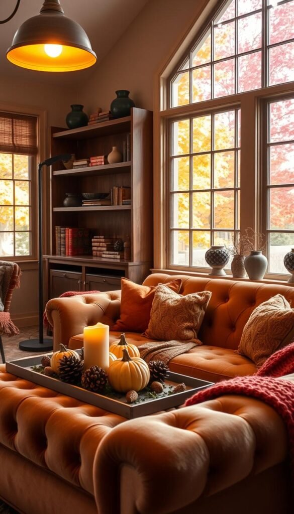 A cozy and inviting fall living room, bathed in warm, golden lighting from a large, antique floor lamp. In the foreground, a plush, tufted velvet sofa is adorned with knit throws and pillows in autumnal hues of rust, amber, and moss. On the coffee table, a display of gourds, pinecones, and a flickering candle create a nature-inspired centerpiece. The middle ground features a rustic, wooden bookshelf filled with leather-bound books and decorative vases. In the background, large windows offer a view of vibrant fall foliage, casting a soft, diffused light throughout the space. The overall mood is one of comfort, elegance, and the welcoming embrace of the autumn season.