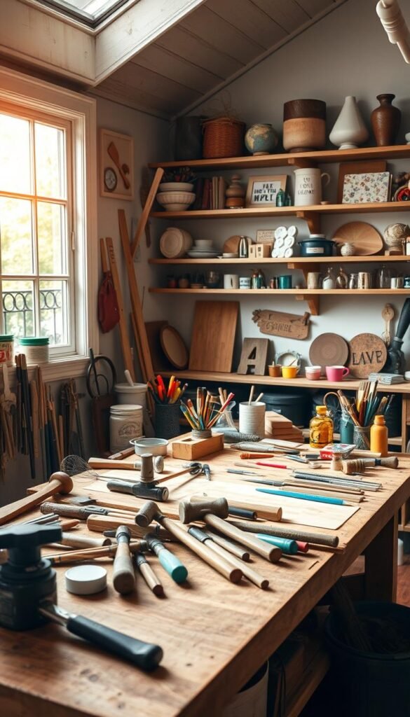 A cozy and inviting home workshop, bathed in warm natural light streaming through large windows. On a sturdy wooden workbench, an array of DIY tools and materials are neatly organized - hammers, saws, paint brushes, and an assortment of colorful craft supplies. In the background, shelves display an eclectic mix of finished DIY projects, from rustic decor to quirky home accessories. The space has a relaxed, creative atmosphere, inspiring the viewer to unleash their inner maker and start a fun, easy DIY project.
