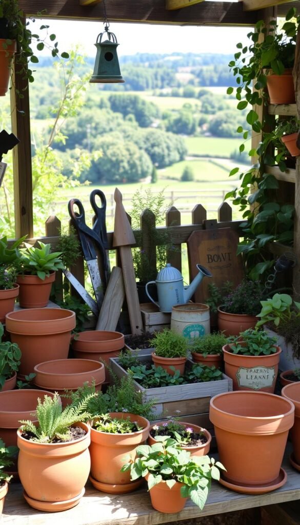 A cozy and inviting potting bench, adorned with an array of decorative elements. In the foreground, an assortment of terracotta pots, rustic wooden planters, and lush greenery create a charming display. The middle ground features a mix of vintage gardening tools, such as pruning shears and a watering can, alongside a small birdhouse and a weathered metal sign. The background showcases a sun-dappled garden, with a backdrop of lush foliage and a glimpse of a picturesque countryside. The lighting is soft and warm, casting a gentle glow over the entire scene, evoking a sense of tranquility and personal style.