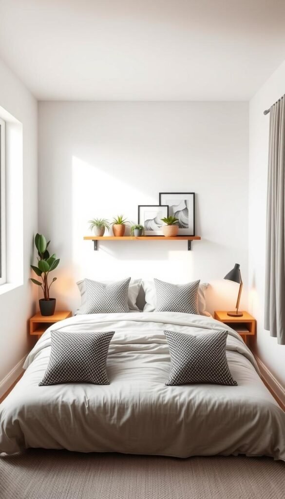 A cozy and inviting small bedroom with minimalist, space-saving decor. In the foreground, a neatly made bed with plush bedding and patterned throw pillows. On the nightstands, simple yet elegant lamps casting a warm, ambient glow. The middle ground features a floating wall-mounted shelf displaying potted plants and framed artwork. The background showcases a clean, white-washed wall with a large window allowing natural light to pour in, creating a bright and airy atmosphere. The entire scene exudes a calming, zen-like vibe, perfect for a relaxing and rejuvenating retreat.