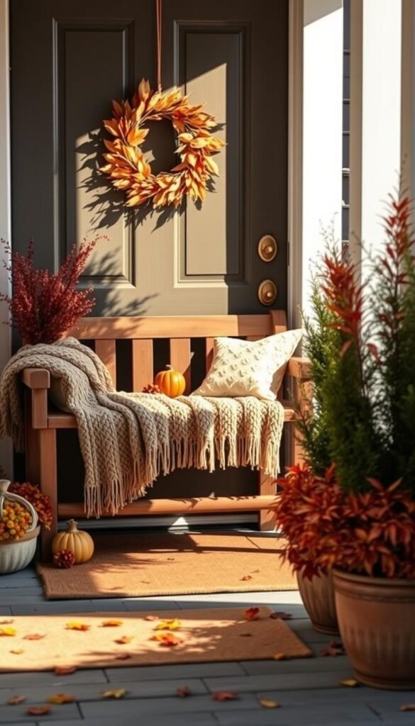 A cozy autumn entryway with a rustic wooden bench, a plush knit throw, and a selection of seasonal decorations. A handcrafted wreath of dried leaves and berries hangs on the door, casting warm shadows on the porch. Tall potted plants flank the entrance, their vibrant foliage complementing the earth-toned accents. Soft, diffused lighting illuminates the scene, creating an inviting and serene atmosphere. The overall composition emphasizes the importance of transitional decor that celebrates the changing of the seasons.