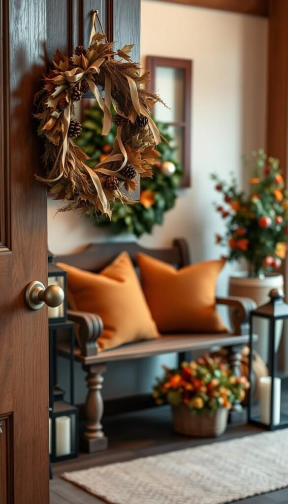 A cozy autumn entryway with a seasonal DIY decor. In the foreground, a hand-crafted wreath made of dried leaves, pinecones, and delicate ribbons hangs on a wooden door. The middle ground features a rustic bench adorned with plush pillows in warm autumnal hues. Flanking the bench, decorative lanterns cast a soft, ambient glow. In the background, a lush potted plant and a basket of seasonal foliage add natural accents to the welcoming scene. Soft, diffused lighting filters through the scene, creating a inviting, homey atmosphere.