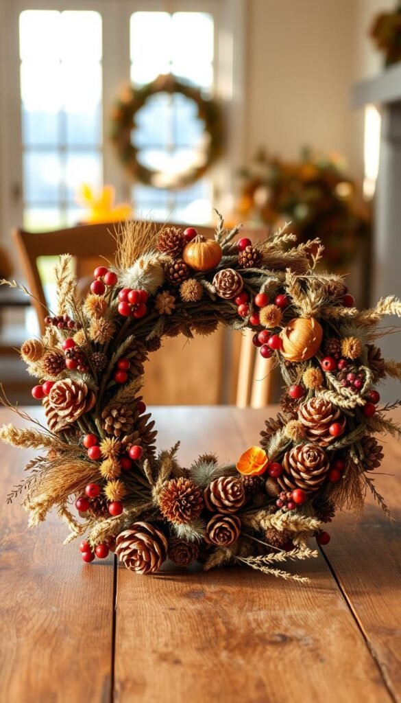 A cozy autumn scene, a seasonal wreath made with natural elements takes center stage. In the foreground, an assortment of pinecones, dried flowers, and berries are meticulously arranged into a lush, textured wreath. The middle ground features a wooden table or surface, with natural light casting a warm, golden glow. In the background, a window or doorway frames a view of the outdoors, perhaps with a glimpse of fall foliage or a tranquil landscape. The overall mood is one of rustic elegance and the comforts of the changing seasons, inviting the viewer to imagine crafting this beautiful DIY decor piece.