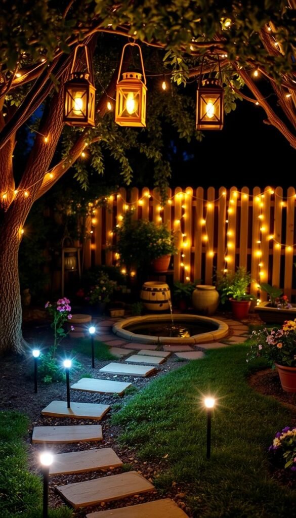 A cozy backyard scene illuminated by a variety of DIY garden lights. In the foreground, a path lined with solar-powered LED stakes casts a warm, ambient glow. Hanging from the trees, rustic lanterns and string lights create a tranquil, romantic atmosphere. In the middle ground, a small water feature reflects the dancing lights, while potted plants and flower beds add pops of color. The background features a wooden fence entwined with fairy lights, blending seamlessly with the night sky. The overall scene evokes a serene, inviting ambiance perfect for an evening spent in the garden.