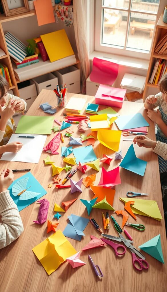 A cozy craft room with an array of vibrant paper supplies, markers, and scissors arranged on a wooden table. Kids' hands enthusiastically folding, cutting, and assembling paper projects like origami animals, paper airplanes, and colorful collages. Soft, natural lighting from a nearby window illuminates the creative process, casting gentle shadows. Playful, imaginative atmosphere encourages experimentation and collaboration. Cheerful, primary-colored paper crafts in various stages of completion litter the tabletop, showcasing the innovative results of the group activity.