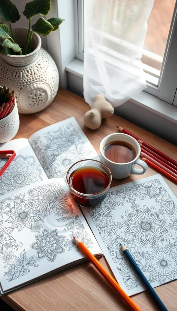 A cozy desk with an open adult coloring book, colored pencils, and a cup of hot tea. The pages feature intricate floral patterns, geometric designs, and abstract motifs. Soft, natural lighting filters through a nearby window, casting a warm glow over the scene. The composition emphasizes the relaxation and mindfulness associated with this grown-up hobby. The overall mood is one of tranquility and creative inspiration.