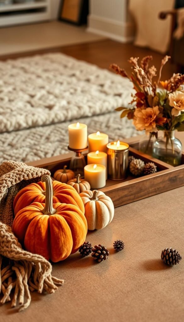 A cozy fall coffee table vignette, bathed in warm, soft lighting. In the foreground, a selection of artfully arranged autumnal elements - a knitted throw, plush velvet pumpkins, and a few stray pinecones. In the middle ground, a wooden tray holds an assortment of fall-themed candles, their flames casting a gentle glow. Flanking the tray, vases filled with seasonal foliage and dried florals. The background features a plush, neutral-toned area rug, and the hint of a cozy, inviting living space beyond. The overall mood is one of rustic elegance and comforting autumn ambiance.