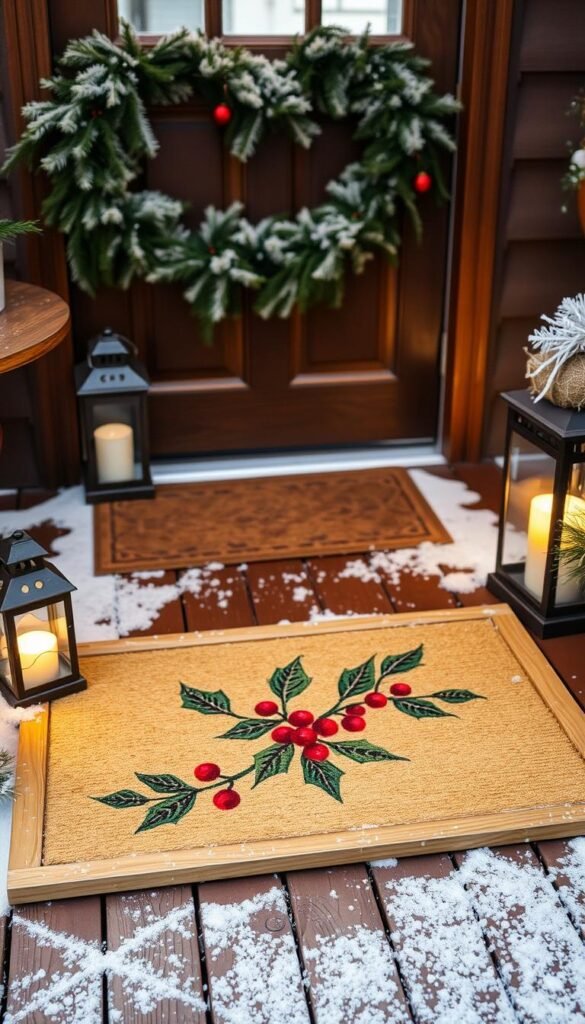 A cozy, festive DIY Christmas doormat sits invitingly on a wooden porch, surrounded by a dusting of fresh snow. In the foreground, a hand-painted design of holly leaves and berries adorns the natural fiber mat, framed by a simple wooden border. The middle ground features a warm, soft lighting from a nearby lantern, casting a gentle glow and highlighting the textural details. In the background, a lightly frosted pine garland drapes across the doorway, hinting at the transition from fall to winter. The overall atmosphere evokes a sense of holiday cheer and a welcoming embrace for guests.