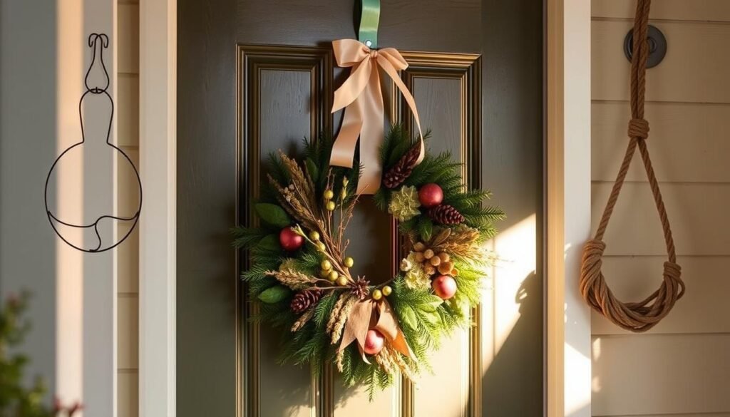 A cozy front porch, the warm glow of a handcrafted DIY door wreath illuminated by soft, natural lighting. Various hanging methods are showcased - a sturdy wire wreath hanger mounted on the door frame, delicate ribbons tied in a elegant bow, and a rustic rope loop for a farmhouse-inspired look. The wreath itself features a lush blend of evergreen foliage, seasonal dried florals, and festive accents, creating a welcoming, inviting display. The scene exudes a sense of care and attention to detail, inspiring viewers to confidently tackle their own DIY door wreath projects.