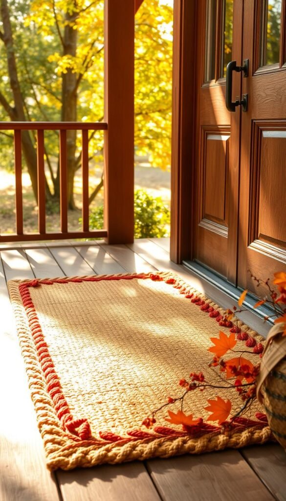 A cozy, hand-woven coir doormat in warm autumnal hues, set against a rustic wooden porch. The intricate texture of the natural fibers stands out, complemented by a border of woven leaves and vines in shades of orange, red, and gold. Sunlight filters through the trees, casting a soft, golden glow over the scene, creating a welcoming and inviting atmosphere. The doormat is positioned at an angle, drawing the eye and hinting at the charming fall decor beyond. The overall impression is one of a harmonious, eco-friendly fall display, perfect for setting the mood for the autumn season.