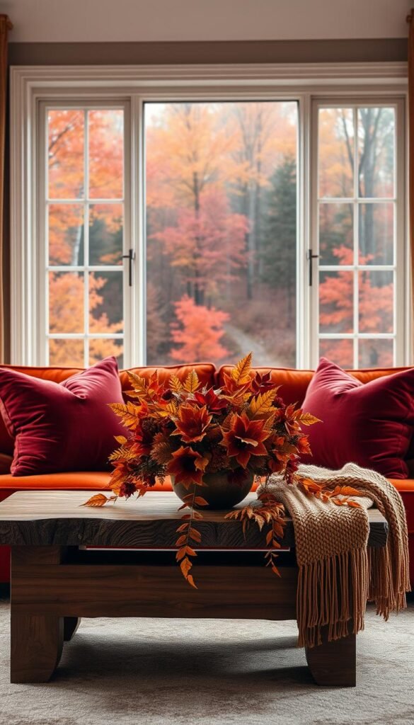 A cozy, inviting autumn scene with a warm, luxurious color palette. In the foreground, lush velvety burgundy, rust, and ochre toned throw pillows and a knitted blanket adorn a plush velvet sofa. Cascading from a rustic wooden coffee table, a bouquet of vibrant fall foliage in shades of crimson, gold, and amber. Through a large window in the middle ground, a view of a scenic forest landscape ablaze with the fiery hues of changing leaves. Soft, diffused lighting filters in, casting a mellow, romantic glow. The overall atmosphere is one of seasonal opulence and comfort, perfect for an autumnal living room display.