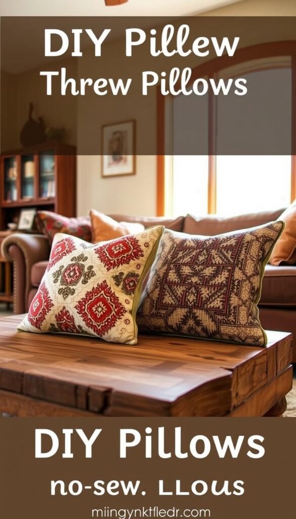 A cozy, inviting living room setting with a rustic wooden coffee table in the foreground, upon which sit two handmade throw pillows with intricate patterns and textures. The pillows are positioned against a backdrop of plush, earthy-toned sofas and a large window flooding the space with warm, natural light. The scene conveys a sense of relaxation and personal style, showcasing the effortless, no-sew approach to creating customized home decor. The camera angle is slightly elevated, capturing the scene from an eye-level perspective, emphasizing the inviting and approachable nature of the DIY pillows.