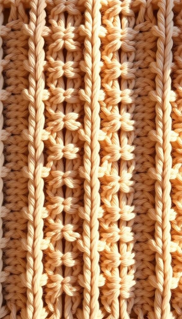 A cozy, knitted book sleeve pattern with intricate, symmetrical stitches in a soft, neutral tone. The texture is rich and inviting, with a close-up view that showcases the interlocking loops and gentle undulations of the fabric. The lighting is warm and diffused, casting gentle shadows that accentuate the depth and dimensionality of the pattern. The composition is centered and focused, allowing the viewer to fully appreciate the tactile quality and craftsmanship of the design. The overall mood is serene and comforting, evoking a sense of handmade warmth and comfort.