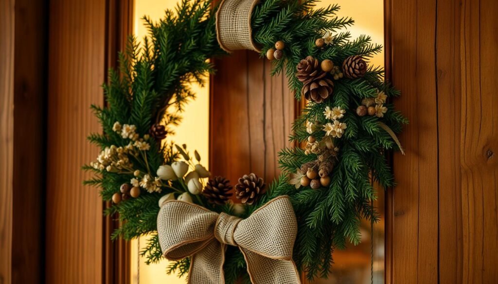 A cozy, rustic door wreath handcrafted with natural elements. In the foreground, a lush, fragrant evergreen wreath adorned with dried flowers, pinecones, and a burlap ribbon bow. The lighting is warm and inviting, casting a soft glow on the textured, wooden door frame. The background is blurred, emphasizing the wreath's artisanal charm. The overall composition conveys a sense of homemade elegance, perfect for a DIY project that can be completed in just minutes, transforming a plain door into a welcoming entryway.