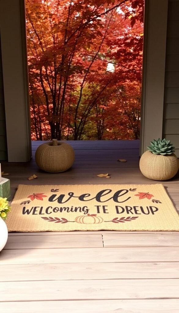 A cozy, rustic fall doormat made of natural materials, like woven straw or burlap, sits on a wooden porch. The mat is adorned with autumn-inspired designs, such as leaves, pumpkins, or a welcoming seasonal message, all in warm, earthy tones. Soft, diffused lighting casts a gentle glow, creating a welcoming and inviting atmosphere. The porch is framed by autumn foliage, with vibrant shades of red, orange, and yellow, hinting at the changing seasons. The overall scene evokes a sense of seasonal charm and a celebration of the beauty of fall.