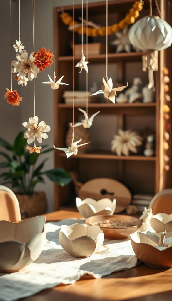 A cozy scene of handmade paper decorations adorning a wooden table in a well-lit room. In the foreground, delicate paper mache bowls in organic shapes and earthy tones sit atop a soft linen cloth. In the middle ground, intricate paper flowers and origami cranes hang from thin strings, casting gentle shadows. The background features a wooden shelving unit displaying more handcrafted paper pieces, including lanterns and garlands. The lighting is warm and natural, highlighting the tactile, artisanal quality of the decorations. An atmosphere of tranquility and craftsmanship pervades the scene.