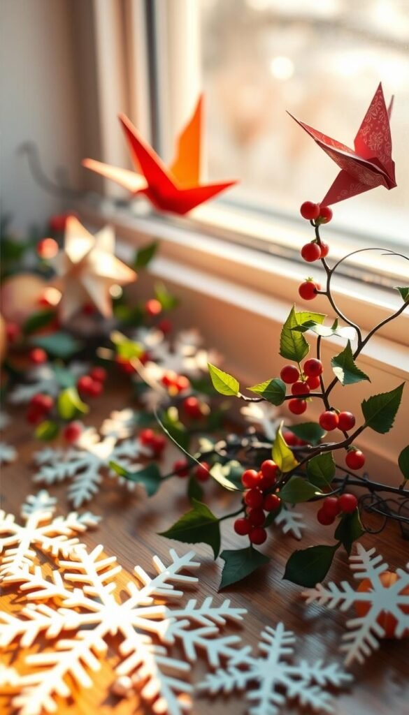 A cozy scene of seasonal paper decorations, bathed in warm, natural lighting. In the foreground, delicate paper snowflakes, intricately cut and arranged in a whimsical display. In the middle ground, origami paper cranes in vibrant hues flutter gently, their intricate folds catching the light. Trailing vines of paper holly leaves and berries wind through the scene, adding a touch of holiday cheer. The background is softly blurred, hinting at a serene, winter-inspired setting, perhaps a wooden tabletop or a windowsill. The overall atmosphere is one of crafted elegance and festive charm, perfect for inspiring DIY paper projects.