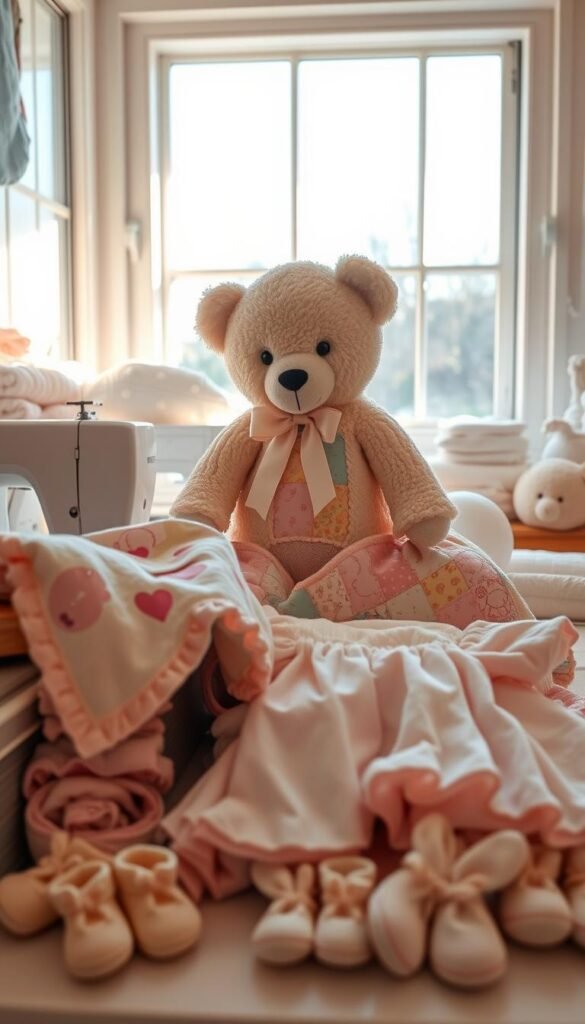 A cozy sewing room filled with a variety of baby sewing projects - a soft, plush teddy bear with a bow, a patchwork baby quilt in pastel hues, a handmade baby outfit with ruffled sleeves, and a collection of tiny baby booties and mittens. The room is bathed in warm, natural lighting from a large window, casting a gentle glow on the delicate fabrics and handcrafted details. The overall atmosphere is one of heartwarming charm and craftsmanship, reflecting the love and care put into these small, practical baby items.