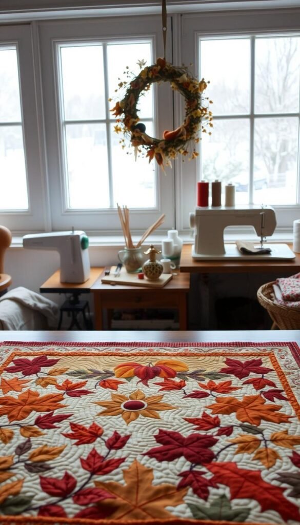 A cozy sewing room filled with seasonal projects, a table in the foreground showcases a handmade autumn-themed quilt, its warm colors and intricate patterns inviting the viewer. In the middle ground, a wreath of dried flowers and leaves hangs on the wall, casting a soft glow. The background features a large window overlooking a snowy winter landscape, with a sewing machine and spools of thread in the corner, creating a harmonious balance between the indoors and outdoors. The lighting is soft and natural, highlighting the textures and details of the crafted items. The overall scene evokes a sense of creativity, coziness, and the comforting change of seasons.