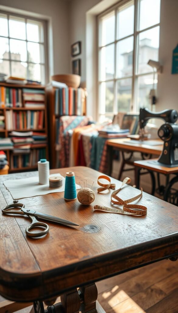 A cozy sewing room with an antique wooden table, natural light filtering through a large window, and a collection of essential sewing tools and materials neatly arranged. In the foreground, a pair of sharp scissors, a spool of thread, a pincushion, and a small sewing machine sit atop the table. In the middle ground, bolts of colorful fabrics and a tape measure create a visually appealing display. The background features a bookshelf filled with sewing books and a wall-mounted sewing machine, conveying a sense of warmth and creativity. The overall scene is captured with a medium-wide lens, creating a balanced and inviting composition that evokes the joy of beginner-friendly sewing projects.