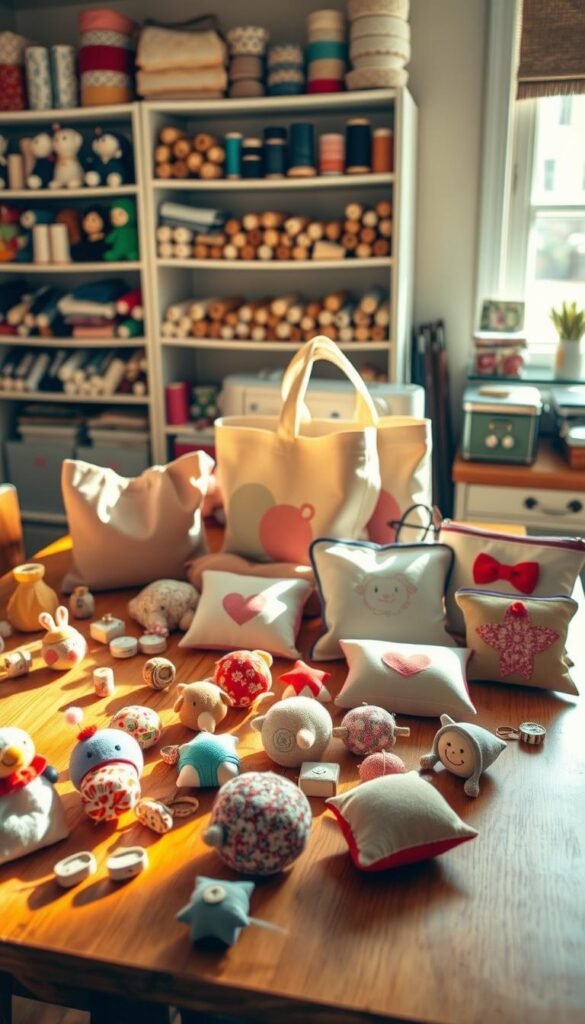 A cozy sewing room with an assortment of small handmade items on a wooden table, bathed in warm, natural lighting. In the foreground, a collection of mini plush toys, pincushions, and handmade hair accessories. In the middle ground, simple yet stylish tote bags, zipper pouches, and small appliqué pillows. The background features a neatly organized shelf displaying spools of thread, fabrics, and other sewing supplies. The overall scene conveys a sense of creativity, craftsmanship, and the potential for these charming, sellable sewing projects.